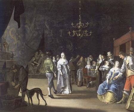 The Banquet, a couple dancing with feasting and revelling in the background de Anthonie Palamedesz