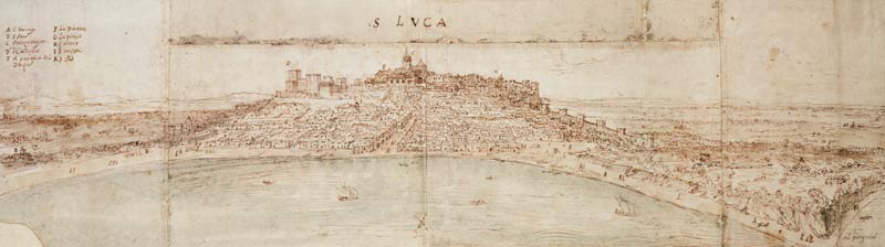 Panoramic View of Lucca (pen and ink and w/c on paper) de Anthonis van den Wyngaerde