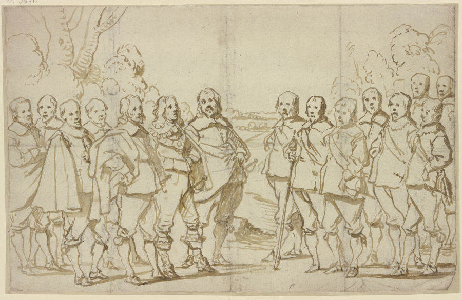 Eine Versammlung von vielen Männern, alle in Schuhen und Strümpfen, nur einer in Stiefeln de Anthonis van Dyck