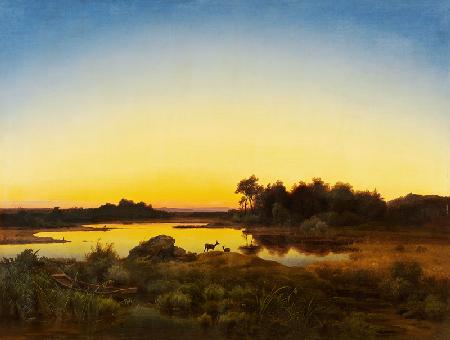 Landscape with Deer at Sunset