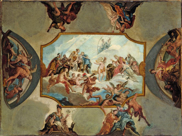 Reverence to Johann Wilhelm, Elector Palatine. Design for a Ceiling Painting for Bensberg Castle de Antonio Bellucci