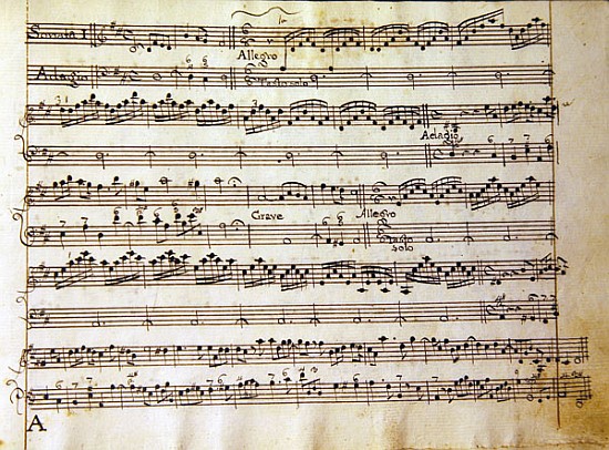 Manuscript page from the score of Opus V, ''Sonata for violin, violone, and harpsichord'' de Arcangelo Corelli