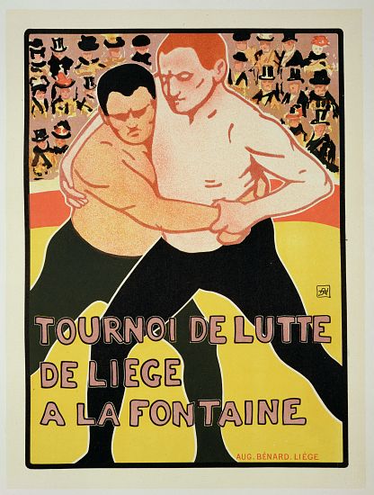 Reproduction of a poster advertising a wrestling tournament, at The Fountain, Liege, Belgium de Armand Rossenfosse