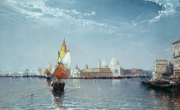 Venetian Canal Scene with the Salute in the distance de Arthur Joseph Meadows