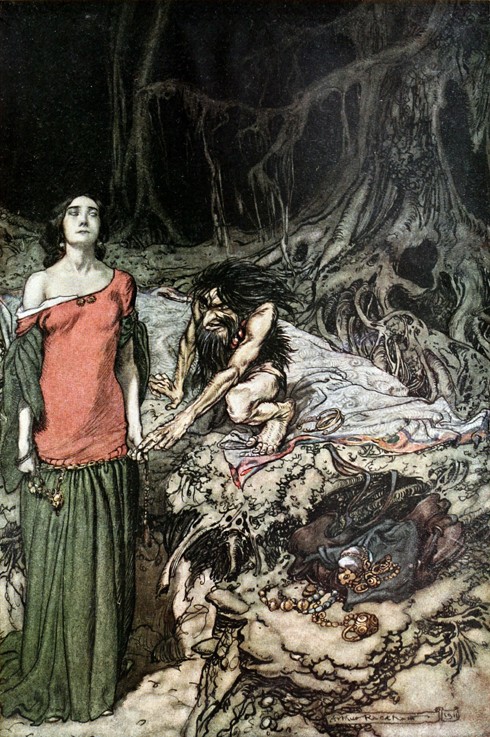 The wooing of Grimhilde, the mother of Hagen. Illustration for "Siegfried and The Twilight of the Go de Arthur Rackham