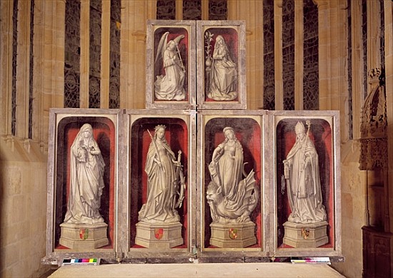 View of the panels of the closed altarpiece, depicting the Annunciation and saints, 1460-66 de (attr. to) Rogier van der Weyden