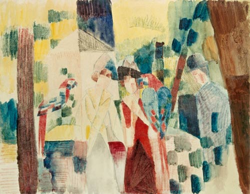 Two Woman and a Man with Parrots de August Macke