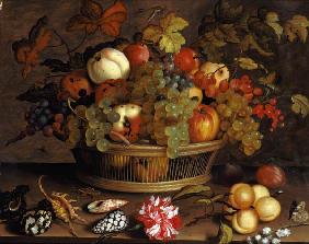 Quiet life with grapes, apples, peach, plums and f