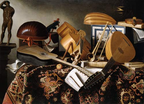 Instrumentos musicales, hojas de música y libros - Bartolomeo Bettera en  reproducción impresa o copia al óleo sobre lienzo.