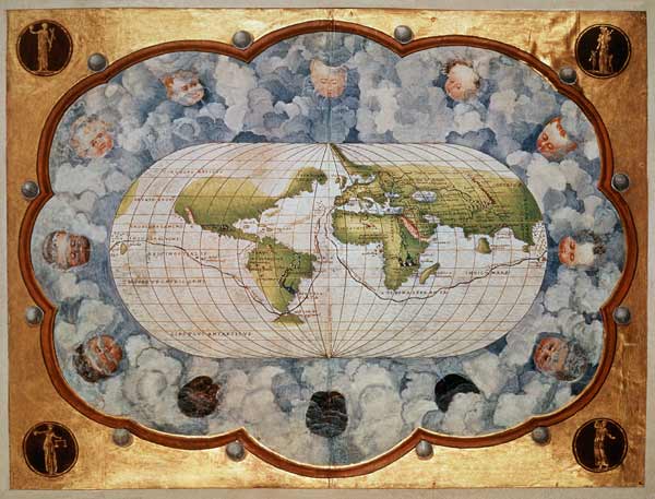 Map tracing Magellan''s world voyage, on - Battista Agnese en reproducción  impresa o copia al óleo sobre lienzo.