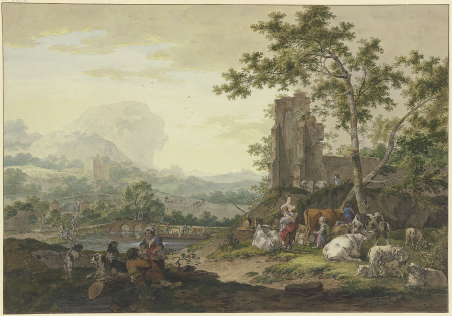 Landschaft, rechts eine Ruine, dabei eine Gruppe von Vieh mit Hirten, eine Frau melkt eine Kuh, der  de Bernhard Heinrich Thier