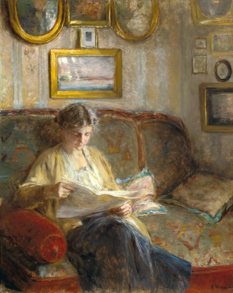 Reading woman in an interior. de Bertha Wegmann