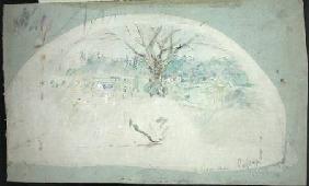 Fan depicting Bougival, 1884 (oil, pencil &