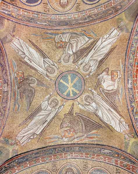 Four angels with the symbols of the evan - Byzantine School en reproducción  impresa o copia al óleo sobre lienzo.