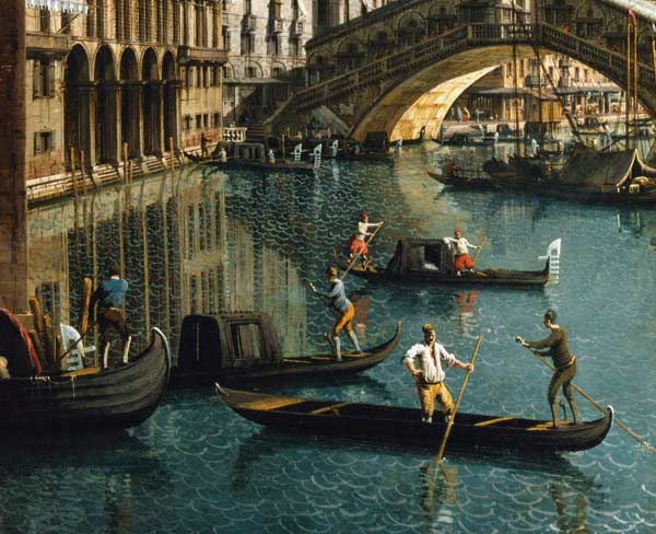 Gondoliers near the Rialto Bridge, Venice (detail of 155335) de Giovanni Antonio Canal