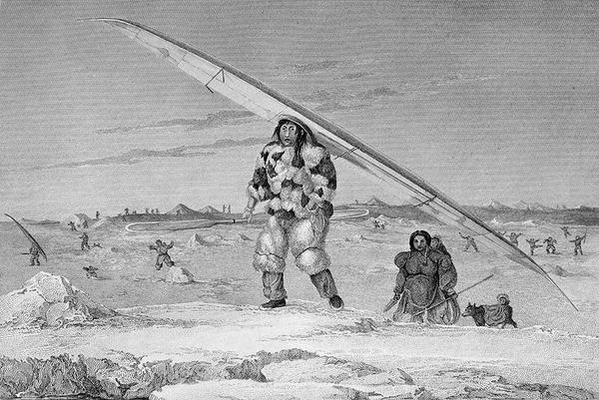 An Eskimaux of Igloolik, wearing a bird-skin jacket, carrying his canoe down to the water, de Captain George Francis Lyon