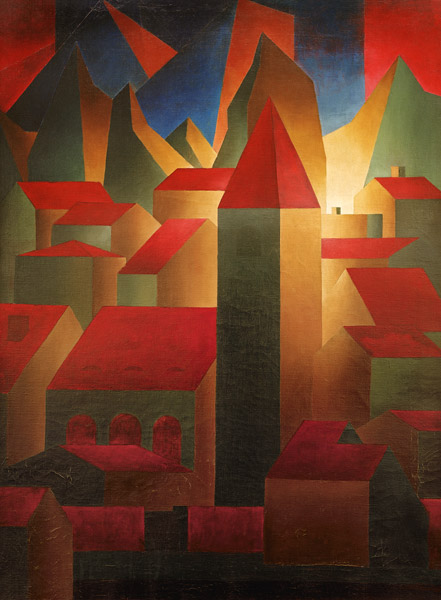 Haeuser, Turm, Gebirge, 1919/20. de Carl Grossberg