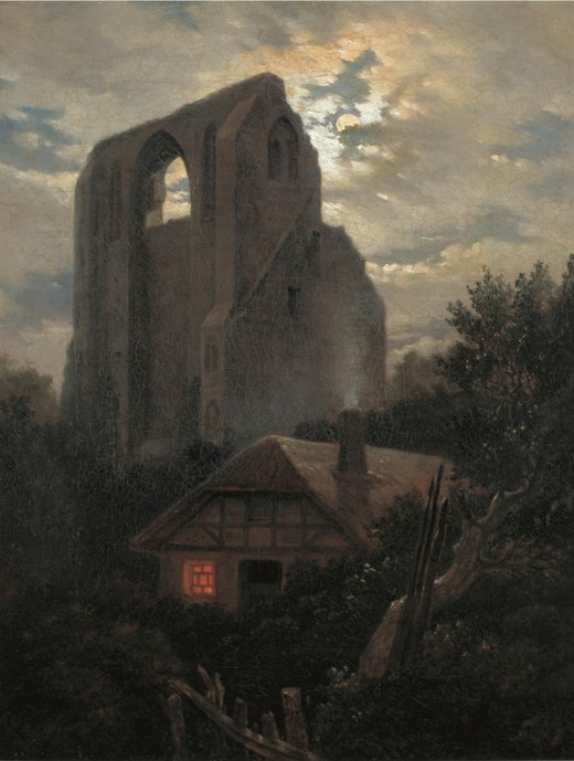 Ruins of the Eldena Monastery with cottage near Greifswald in Moonlight de Carl Gustav Carus