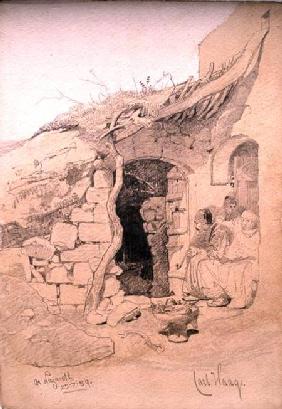 Three figures seated outside a house, Nazareth