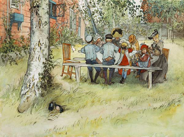 Desayuno bajo el gran abedúl - Carl Larsson en reproducción impresa o copia  al óleo sobre lienzo.