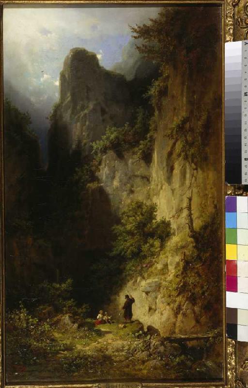 Fishing monk with children in a rock ravine. de Carl Spitzweg