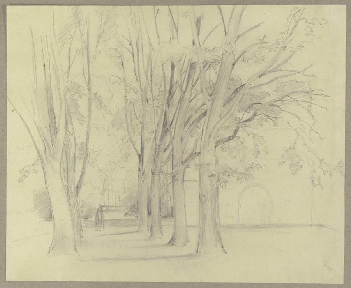 Von Bäumen gesäumter Weg in einem Park (?), rechts ein Torborgen de Carl Theodor Reiffenstein