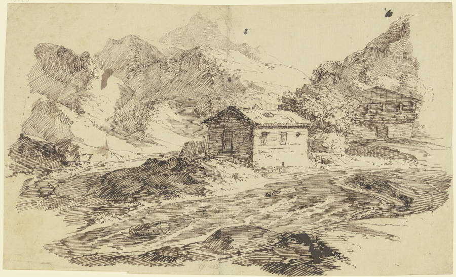 Alpental mit Bach und zwei Almhütten de Carl Friedrich von Rumohr