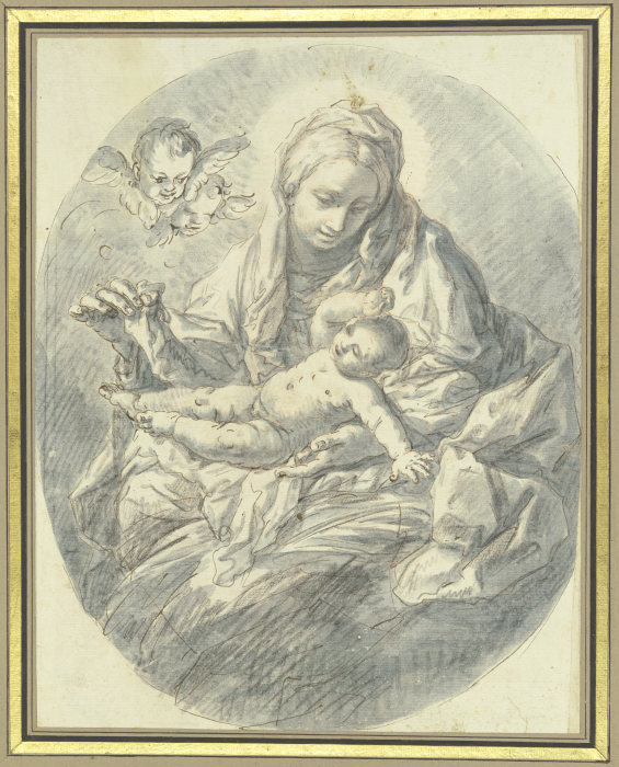 Maria hebt den Schleier vom Kind, links zwei zusehende Engelsköpchen de Carlo Maratti
