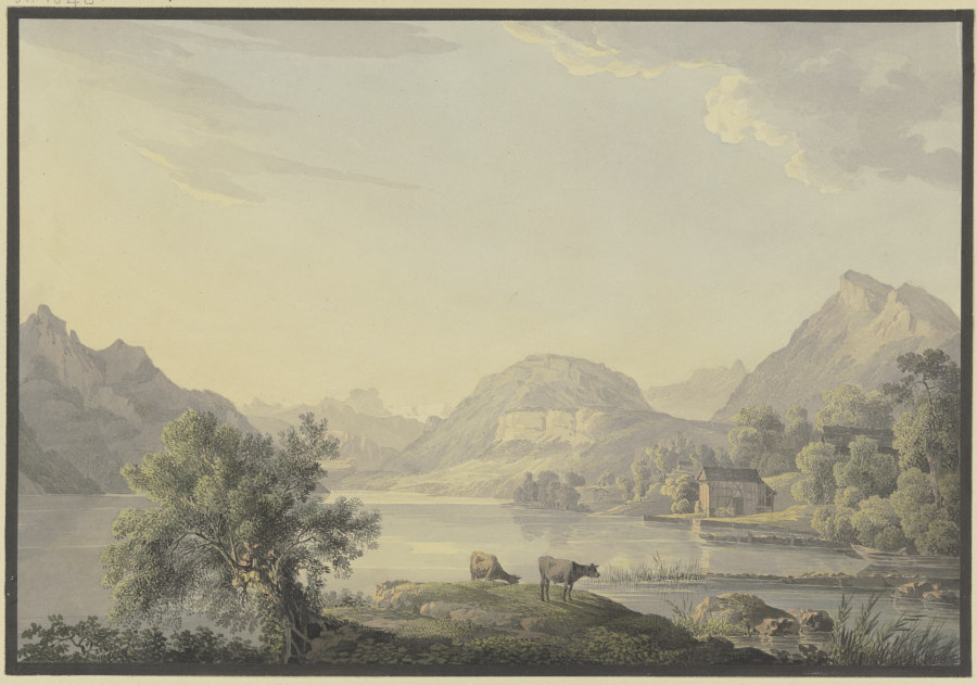 See im Gebirge, im Vordergrund bei einem Weidenbaum zwei Kühe de Carl Philipp Schallhas