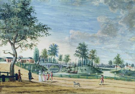 Railway Bridge, Parc du Raincy (The Duke and Duchess of Chartres on their way to the Orangerie) (gou