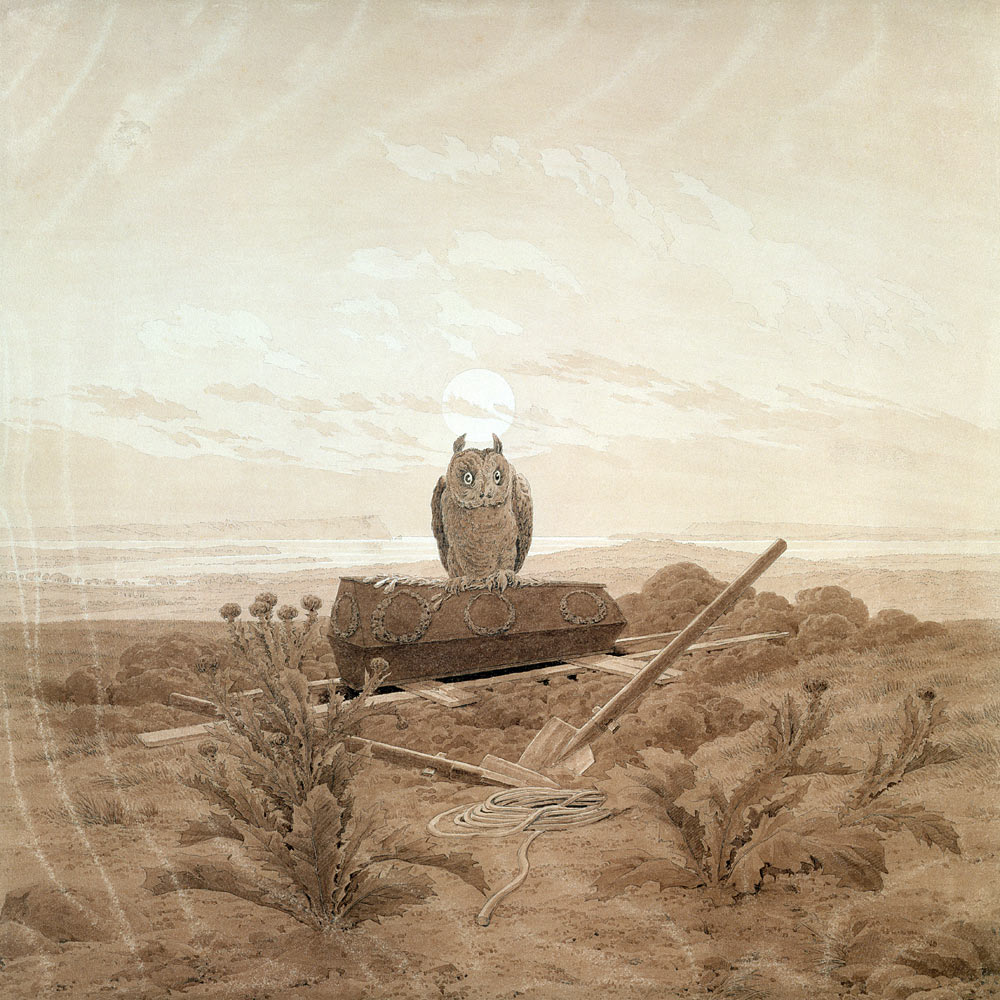 Paisaje de una tumba, un ataúd y un búho de Caspar David Friedrich