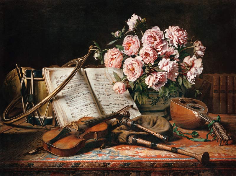 Naturaleza muerta con instrumentos musicales y saltaojos - cuadro de  Charles Antoine J. Loyeux en reproducción impresa o copia al óleo sobre  lienzo.