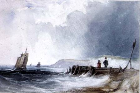 Coast Scene, with boats and wooden jetty de Charles Bentley