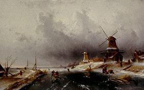 Wintry riverside with ice-skaters and windmills de Charles Henri Joseph Leickert