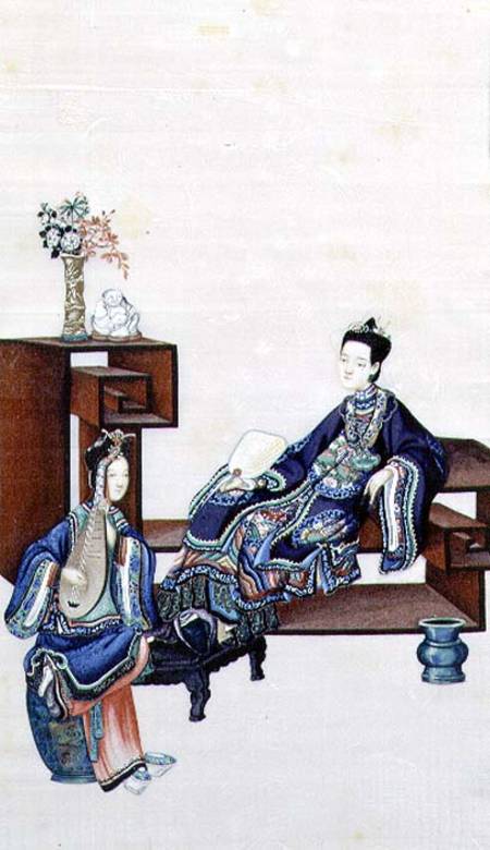 Lady Reclining with a Servant Playing a Musical Instrument de Chinese School
