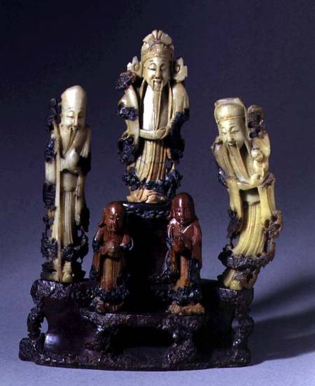 Three Star God, one holding a child, with two smaller figures, Qing dynasty de Chinese School