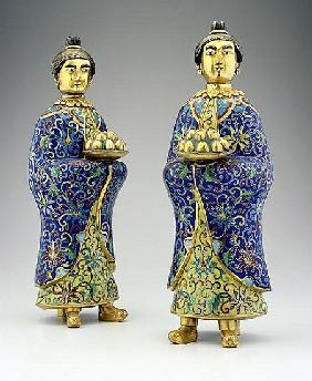 Pair of female attendants, Qianlong period, 1736-95 (cloisonne enamel)