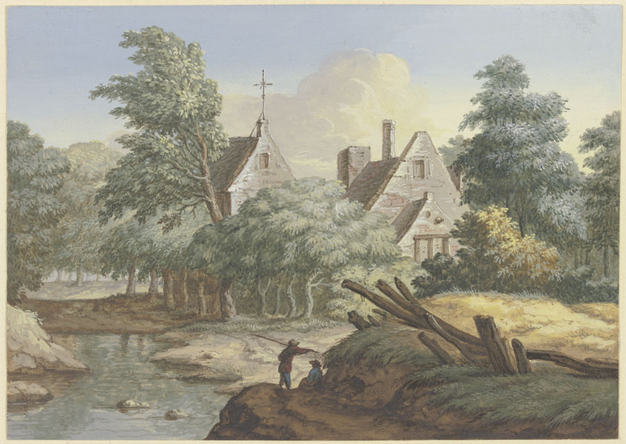 Dörfchen zwischen Bäumen an einem Bach, im Vordergrund zwei Figuren de Christian Georg Schutz