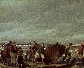 Fishermen from Hornbaek bring her boat to country.