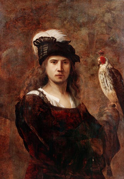 A falconer, standing half length, in a feathered hat de (circle of) Rembrandt Harmensz. van Rijn