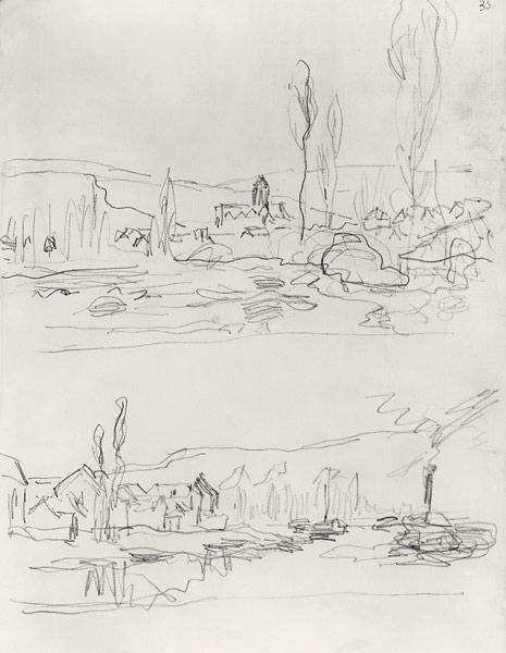 Two Sketches: Vetheuil from L'Ile St-Martin and Tugboat on the Seine before Lavacourt de Claude Monet