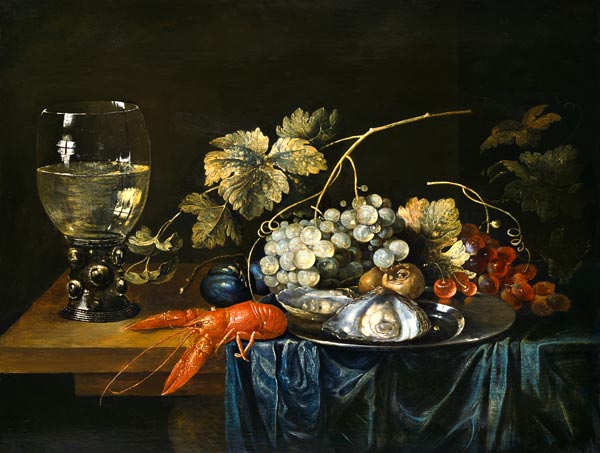 Naturaleza muerta con langosta, mejillón y frutas de Cornelis de Bryer