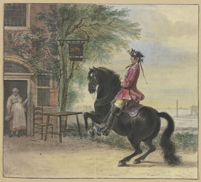 Ein Reiter mit Dreispitz und Zopf, im Hintergrund eine Kanallandschaft de Cornelis Troost