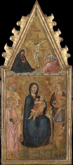 Enthroned Madonna with Child and four saints, above the Crucifixion with Mary and John Ev.