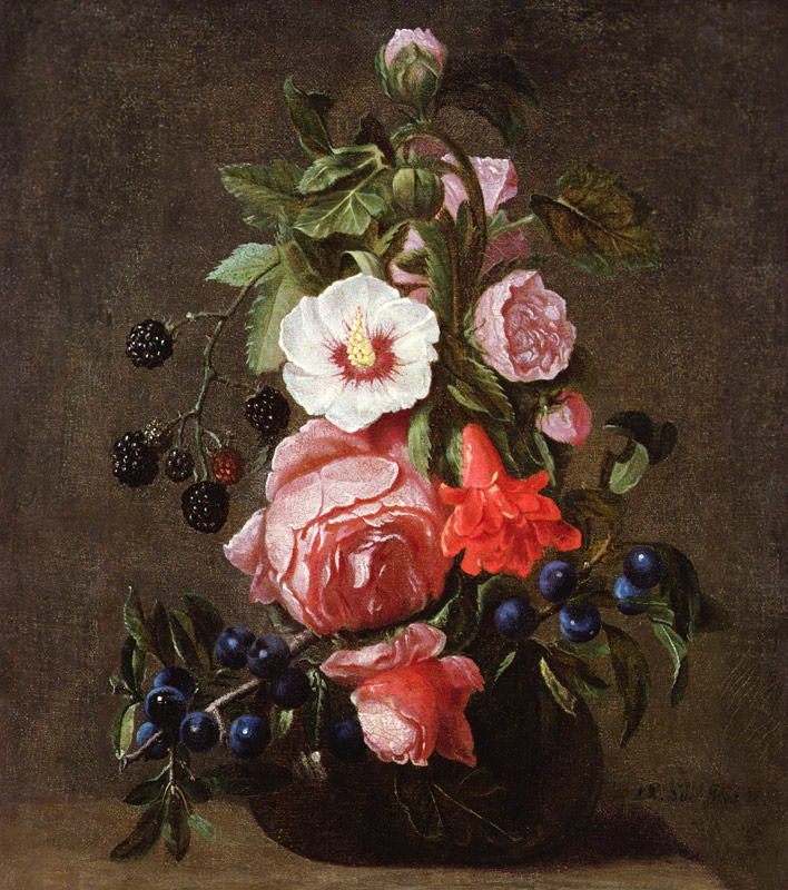 A Still Life of Mixed Flowers and Berries in a Glass Vase de Daniel Seghers