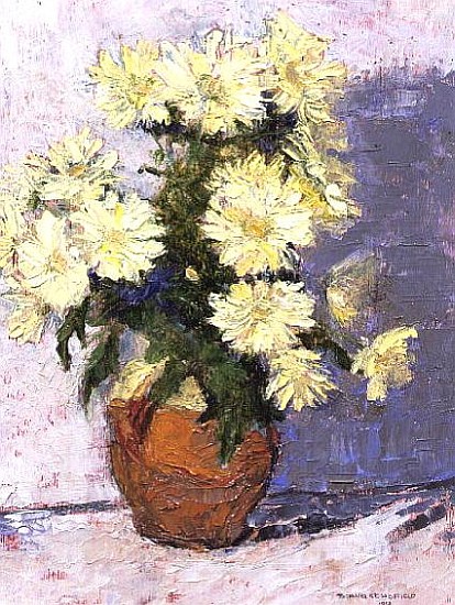 Small Chrysanthemums in a red jug, 1993 (board)  de Diana  Schofield