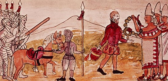 Fol.208v Meeting of Hernando Cortes (1485-1547) and Montezuma (1466-1520), miniature from the ''Hist de Diego Duran