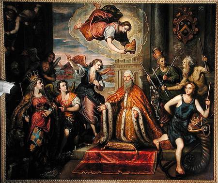 Doge Giovanni Bembo kneeling before the personification of the City of Venice de Domenico Tintoretto