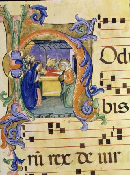 Ms 571 f.6r Historiated initial 'H' depicting the Nativity from an antiphon illuminated by Don Simon de Don Simone Camaldolese