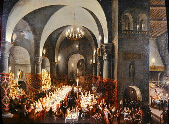 Belshazzar's Feast showing the hand of God writing the words 'Mane, Tekel, Phares' (oil on canvas) de Dutch School, (17th century)
